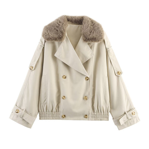 Damen modische Jacke mit kunstvollem Fellkragen und doppelter Knopfblende Heidi-Mode