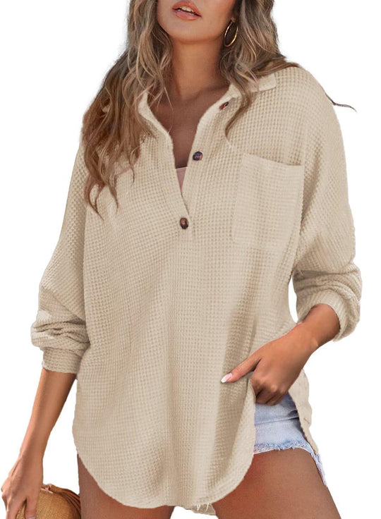 Damen Waffelstruktur-Hemd mit Knopfdetails Heidi-Mode