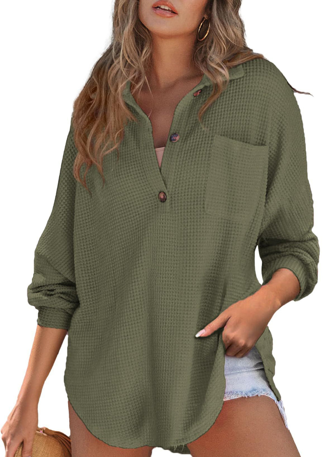 Damen Waffelstruktur-Hemd mit Knopfdetails Heidi-Mode