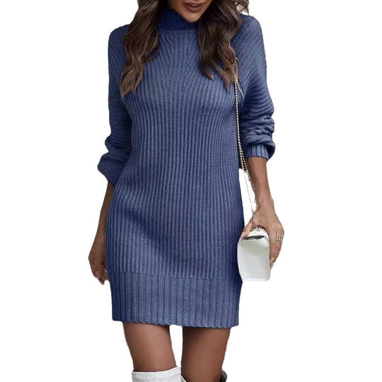 Damen Strickkleid mit hohem Kragen und modischen Rippdetails Heidi-Mode