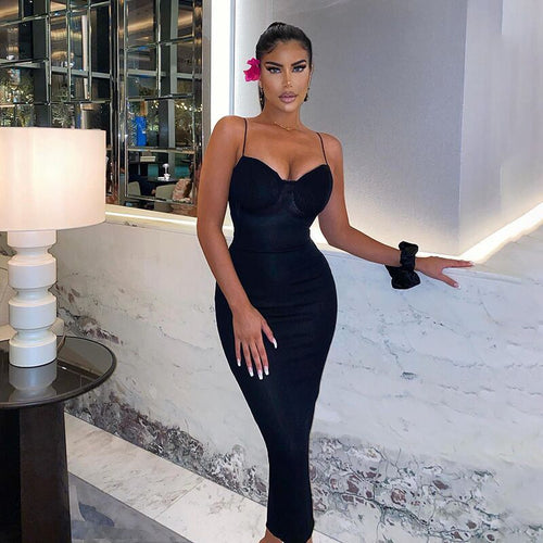 Damen figurbetontes Midi-Kleid mit Spaghettiträgern und Raffungen Heidi-Mode