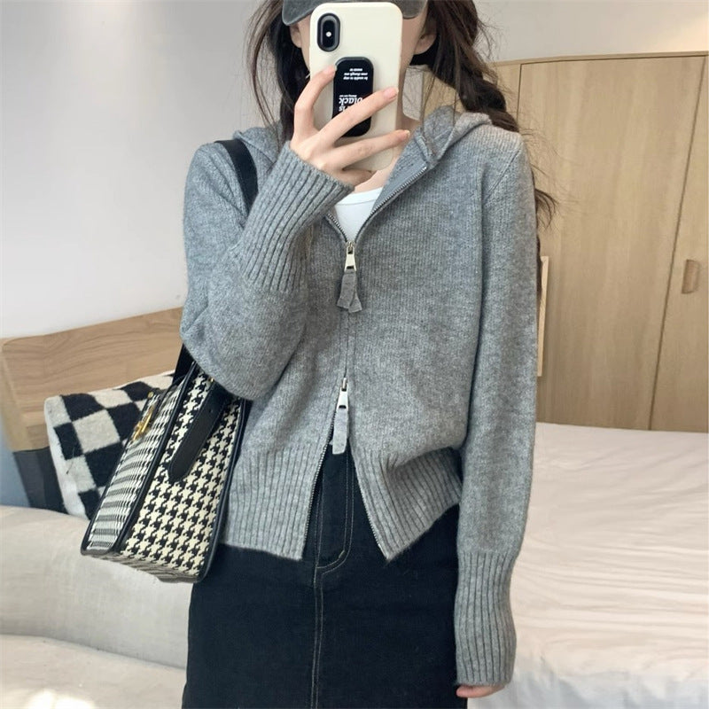 Damen Strickjacke mit hohem Kragen und Reißverschluss Heidi-Mode