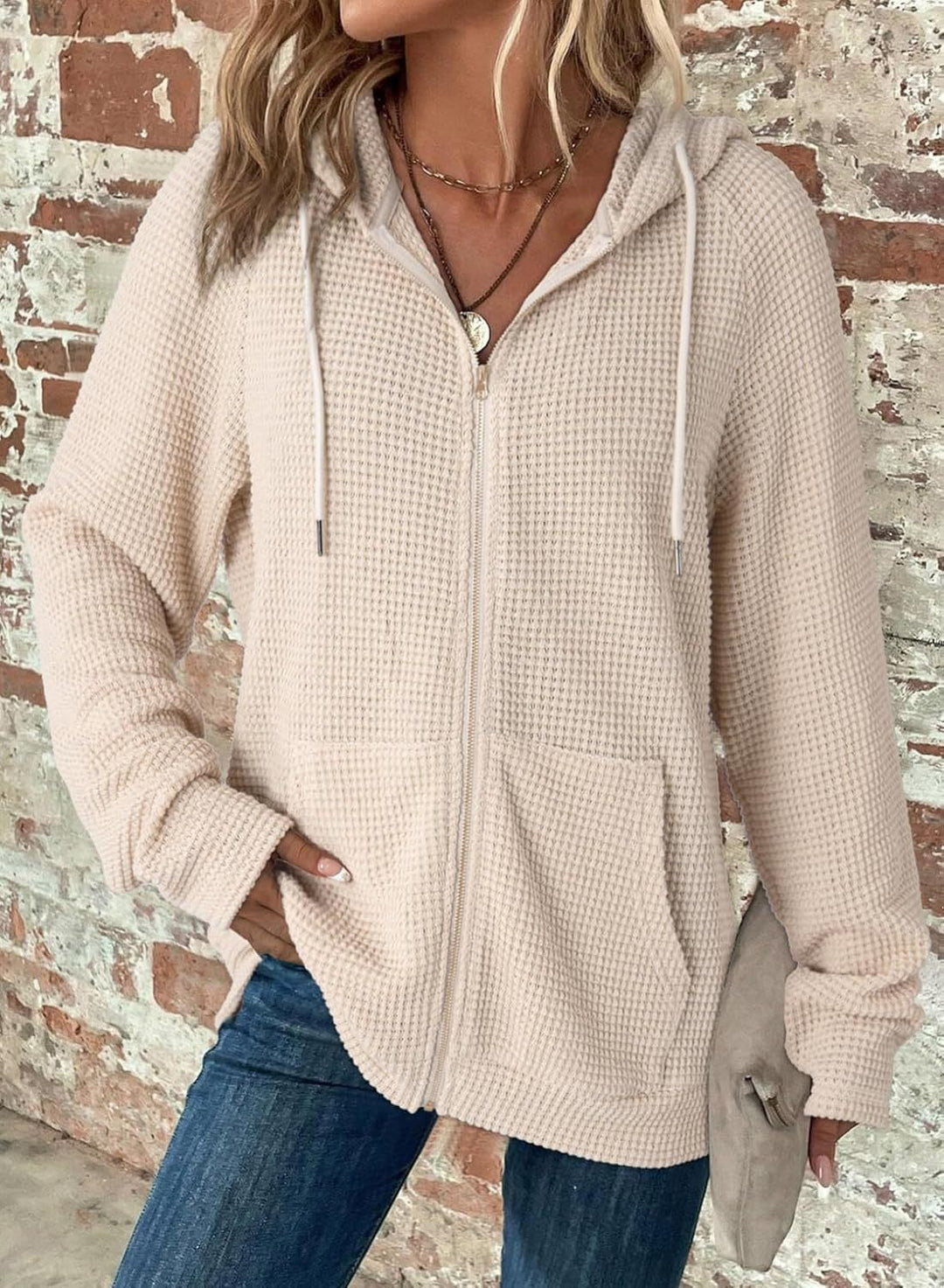 Damen Kapuzenjacke mit strukturierter Waffeloptik und praktischen Taschen Heidi-Mode