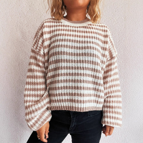 Damen lässiger Strickpullover mit breiten Streifen Heidi-Mode