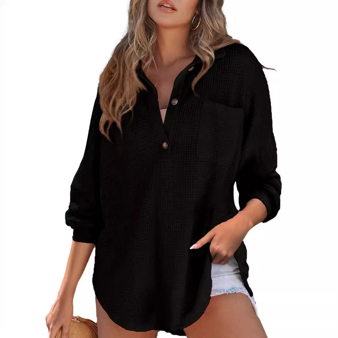 Damen Waffelstruktur-Hemd mit Knopfdetails Heidi-Mode