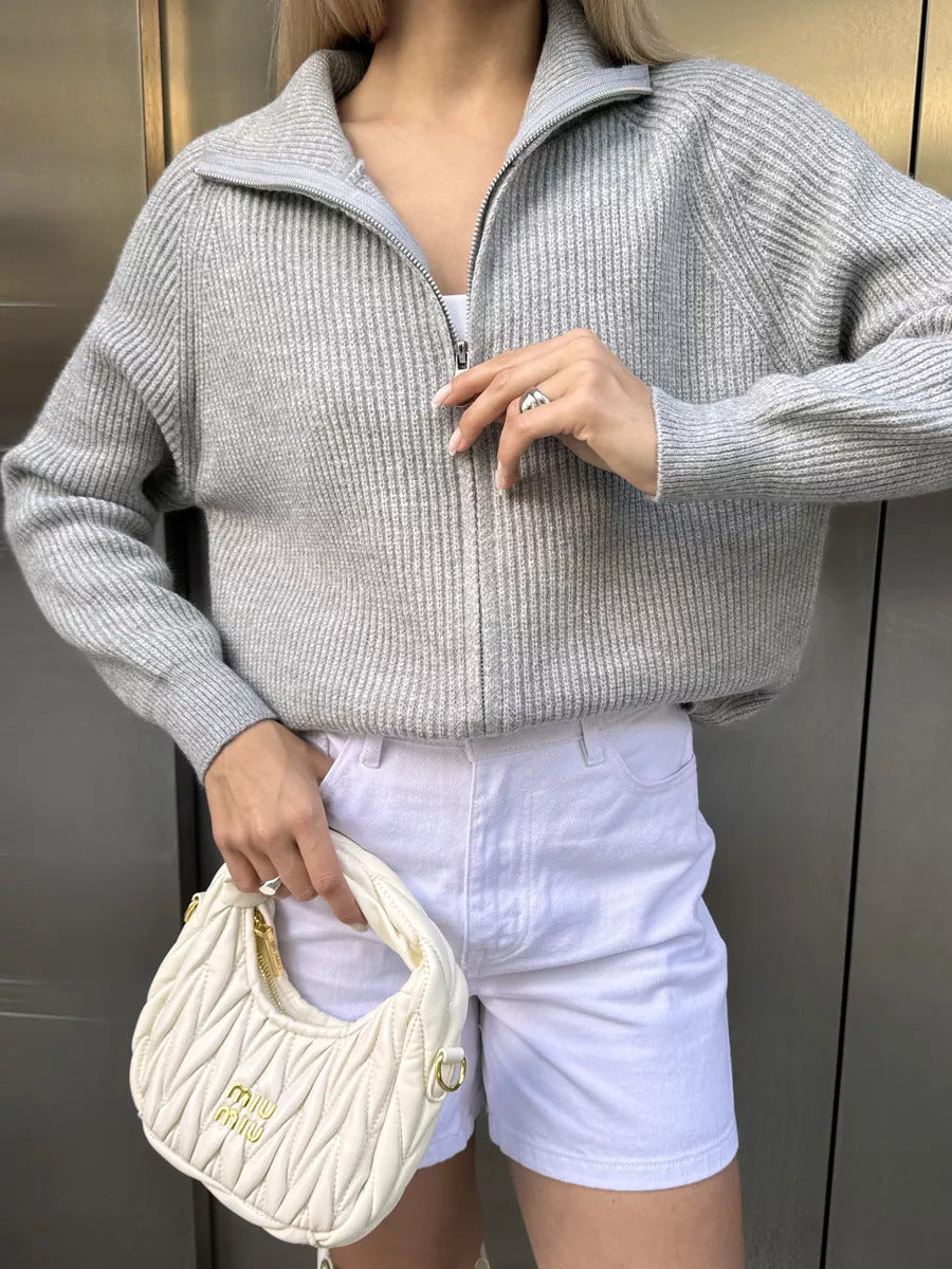 Damen Pullover mit hochschließendem Reißverschluss und strukturiertem Maschenmuster Heidi-Mode