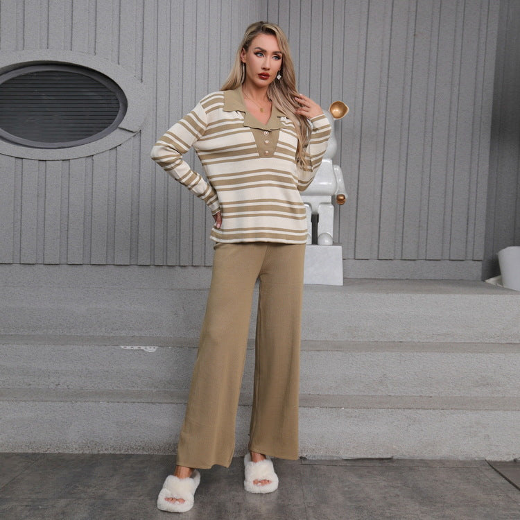 Damen elegantes Strick-Loungewear-Set mit einem modischen Kragen und weit geschnittenen Hosen Heidi-Mode