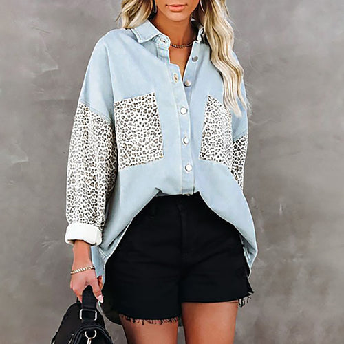 Damen Oversized Hemdbluse mit Leopardenmuster und Druckknöpfen Heidi-Mode