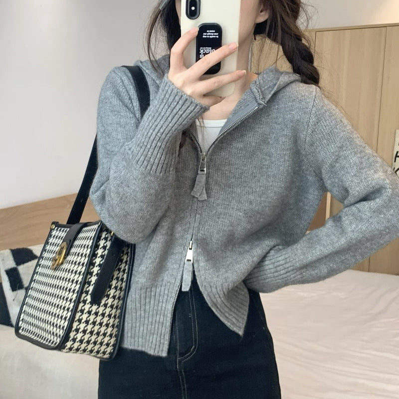 Damen Strickjacke mit hohem Kragen und Reißverschluss Heidi-Mode