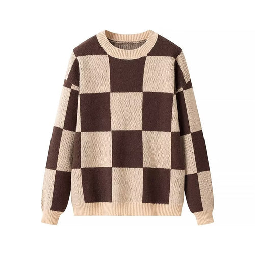 Damen OverGrößed Kariert Pullover mit Rundhalsausschnitt und feiner Strickstruktur Heidi-Mode