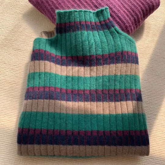Damen Rippstrickpullover mit hohem Kragen und modischem Streifenmuster Heidi-Mode