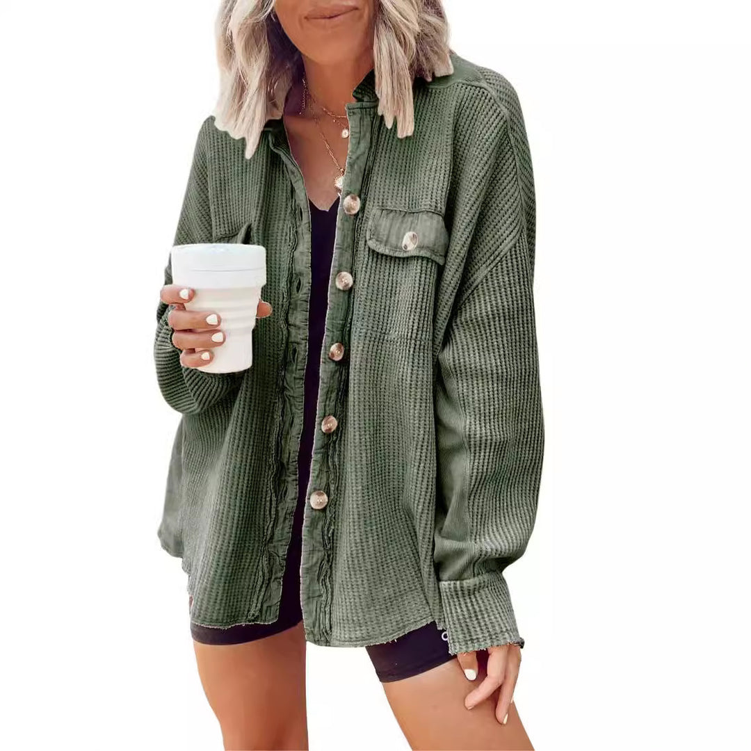 Damen oversized Waffelstruktur Hemdjacke Heidi-Mode