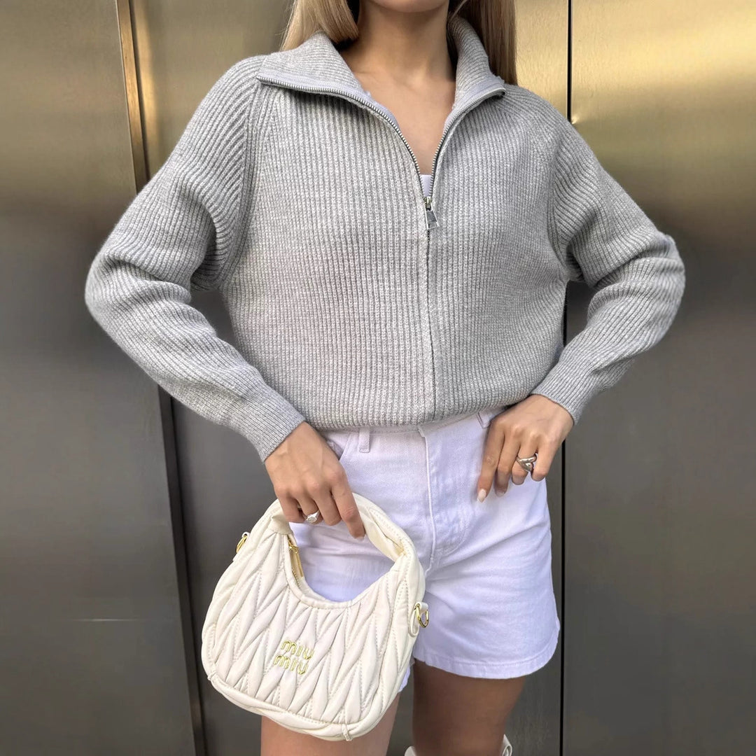 Damen Pullover mit hochschließendem Reißverschluss und strukturiertem Maschenmuster Heidi-Mode