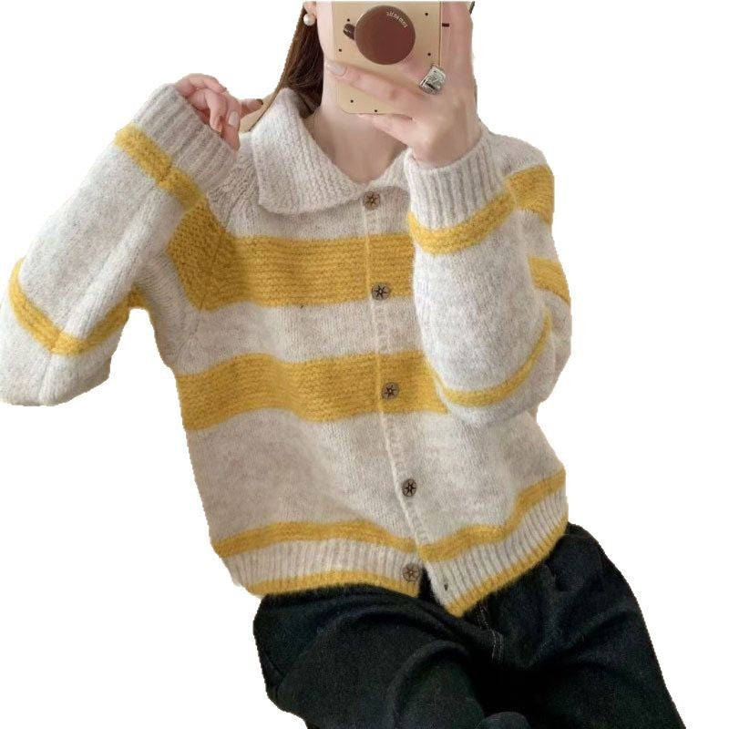 Damen Strickjacke mit dekorativem Kragen und modischen Streifen Heidi-Mode