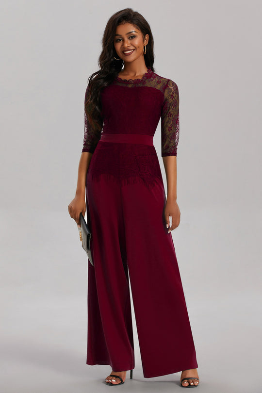 Damen Eleganter Jumpsuit mit Spitzenärmeln und weitem Bein Heidi-Mode