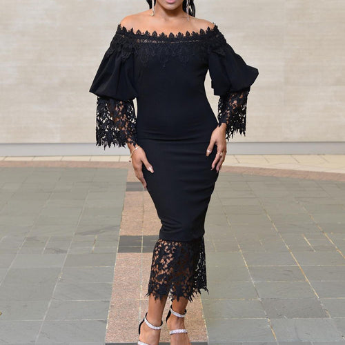 Damen Kleider im Off-Shoulder-Stil mit Spitzenärmeln und figurbetontem Schnitt Heidi-Mode