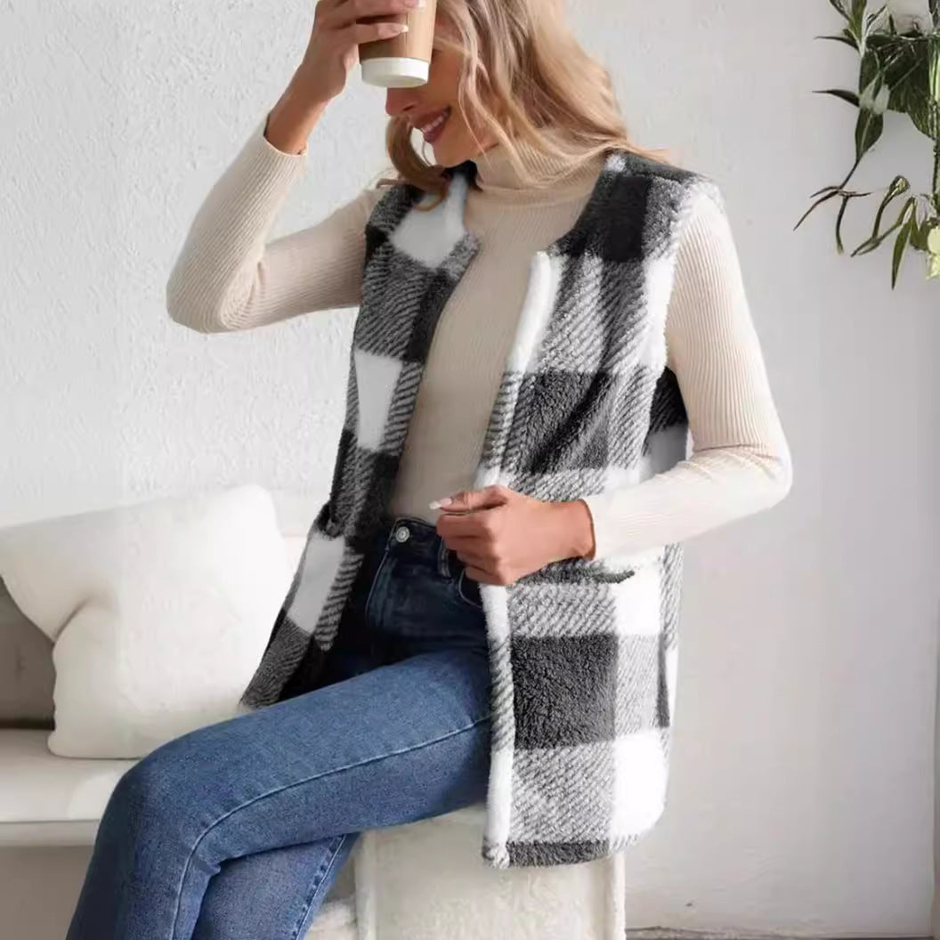 Damen Weicher Plaid-Weste mit seitlichen Taschen und gemütlichem Schnitt Heidi-Mode