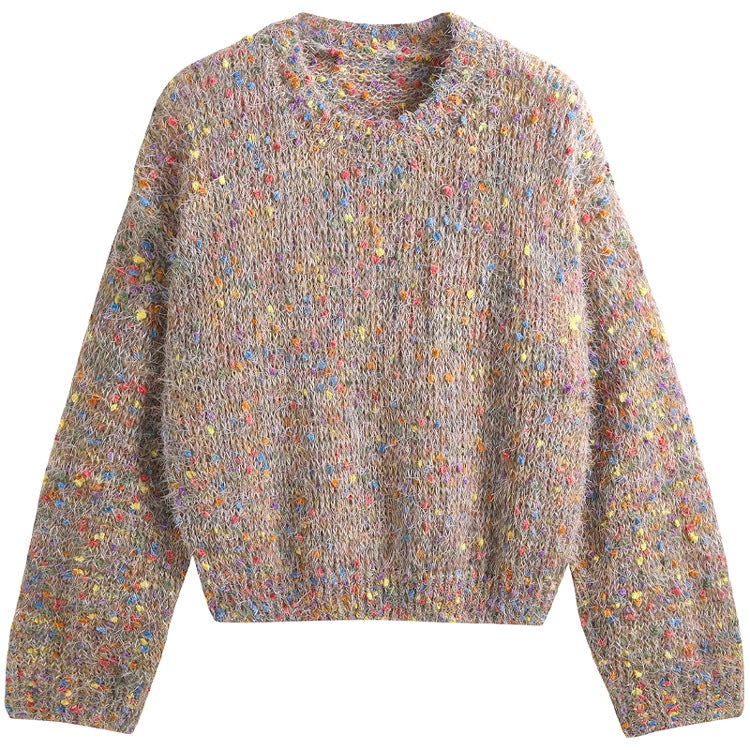 Damen modischer Pullover mit buntem Strukturstrick und Rundhalsausschnitt Heidi-Mode