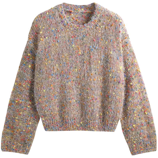 Damen modischer Pullover mit buntem Strukturstrick und Rundhalsausschnitt Heidi-Mode