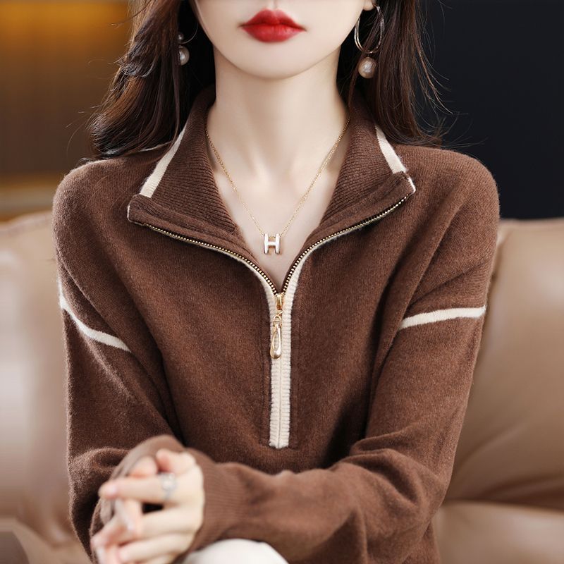 Damen Pullover mit halbem Reißverschluss und feinem Strukturstrick Heidi-Mode
