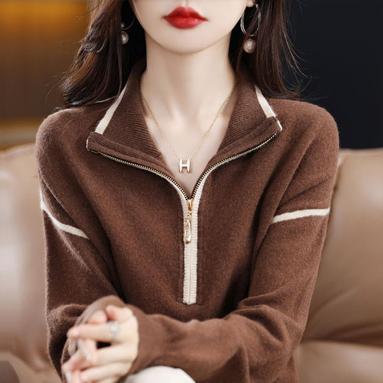 Damen Pullover mit halbem Reißverschluss und feinem Strukturstrick Heidi-Mode