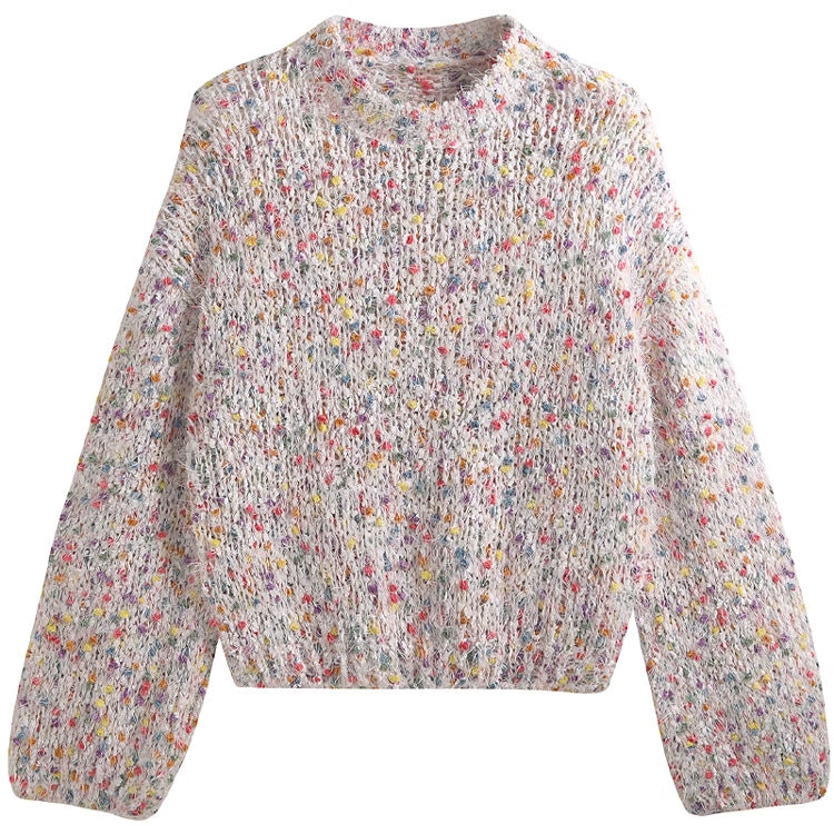 Damen modischer Pullover mit buntem Strukturstrick und Rundhalsausschnitt Heidi-Mode