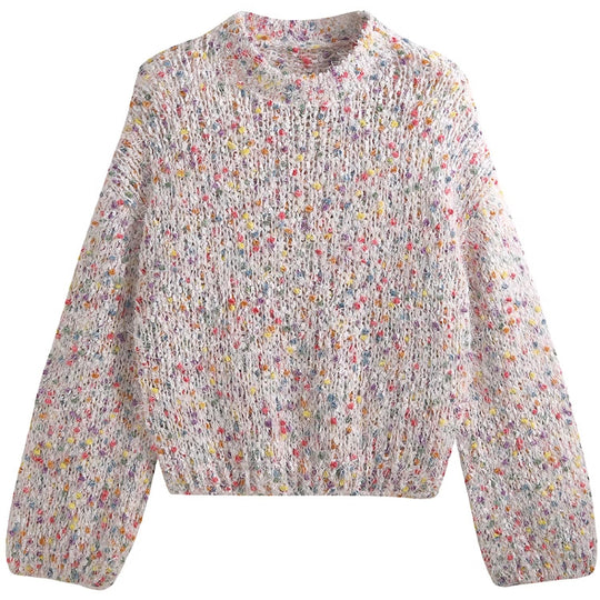 Damen modischer Pullover mit buntem Strukturstrick und Rundhalsausschnitt Heidi-Mode