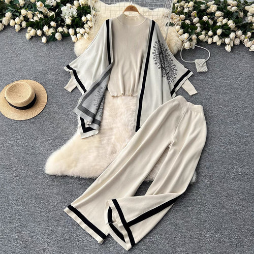 Damen lässiges Strickensemble mit langen Ärmeln und weitem Bein Heidi-Mode