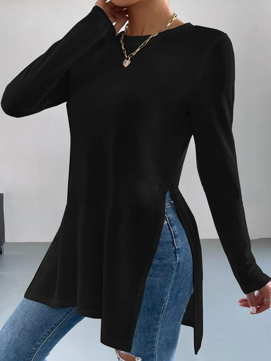 Damen Oversized Longsleeve mit seitlichen Schlitzen und Rundhalsausschnitt Heidi-Mode