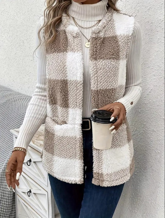 Damen Weicher Plaid-Weste mit seitlichen Taschen und gemütlichem Schnitt Heidi-Mode