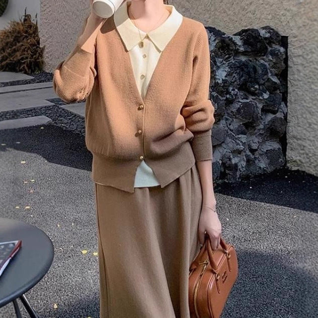Damen Strickensemble mit eleganter Blusenoptik und weitem Rock Heidi-Mode