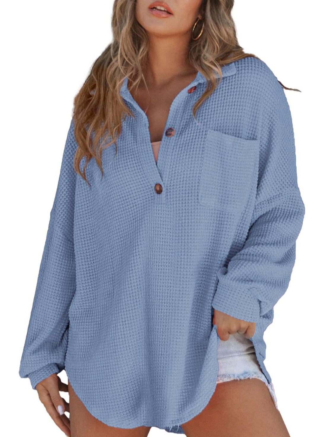 Damen Waffelstruktur-Hemd mit Knopfdetails Heidi-Mode