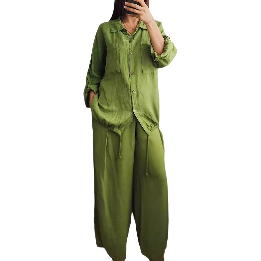 Damen Leinen-Set mit weiten Hosen undlässiger Bluse Heidi-Mode
