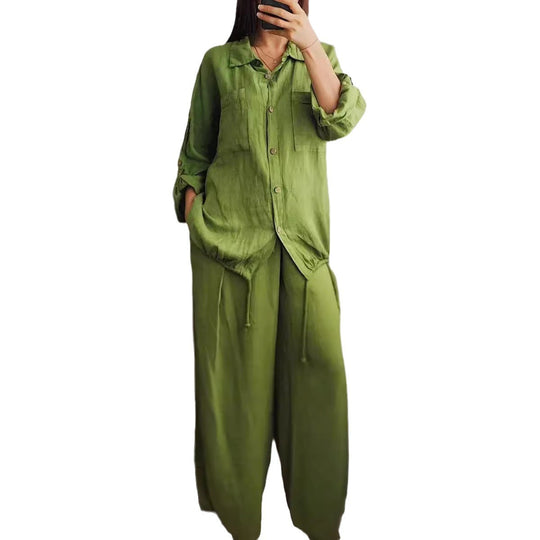 Damen Leinen-Set mit weiten Hosen undlässiger Bluse Heidi-Mode