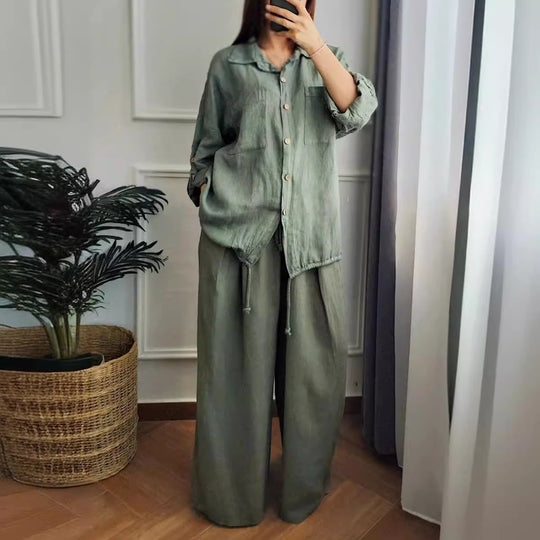 Damen Leinen-Set mit weiten Hosen undlässiger Bluse Heidi-Mode