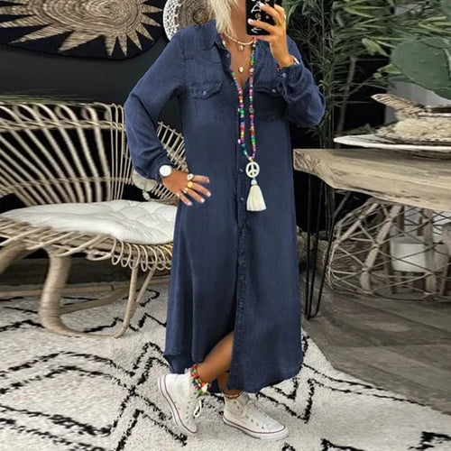 Heidi-Mode | Hemdblusenkleid Denim Langarm Midi Knopfverschluss & Brusttaschen