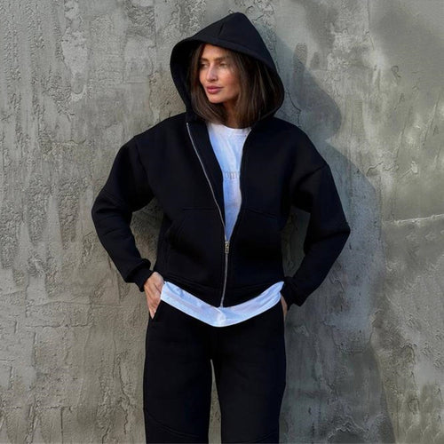 Damen Sportlicher Fleeceanzug mit hohem Kragen und Reißverschluss Heidi-Mode