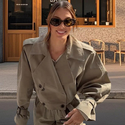 Damen Modische Trenchcoat-Jacke mit voluminösen Ärmeln und Gürtel Heidi-Mode