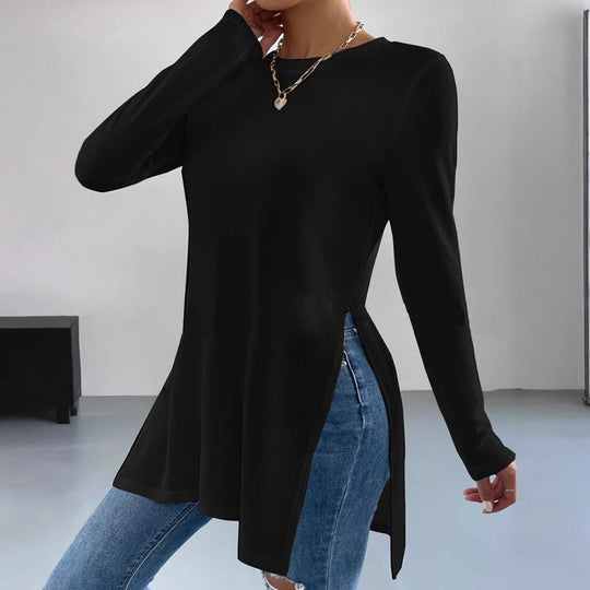 Damen Oversized Longsleeve mit seitlichen Schlitzen und Rundhalsausschnitt Heidi-Mode