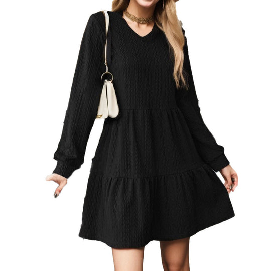 Damen lässiges V-Ausschnitt Kleid mit voluminösem Saum und langen Ärmeln Heidi-Mode