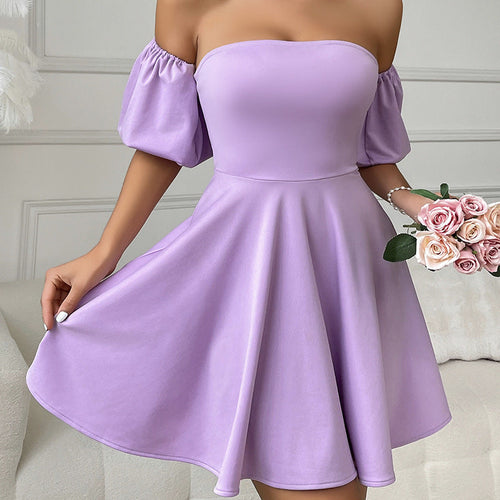 Heidi-Mode | Damen Kleidung Sommer Quadratkragen Große Schwung Röhren Bis Oben Kleid Puffärmel Tailliert Sexy