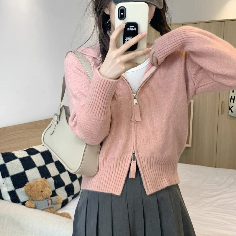 Damen Strickjacke mit hohem Kragen und Reißverschluss Heidi-Mode