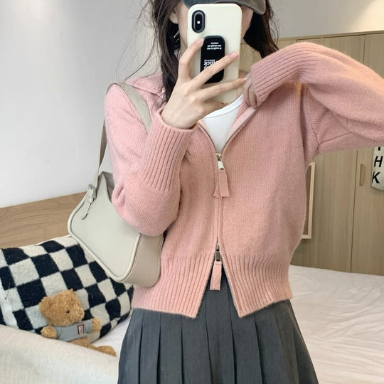 Damen Strickjacke mit hohem Kragen und Reißverschluss Heidi-Mode