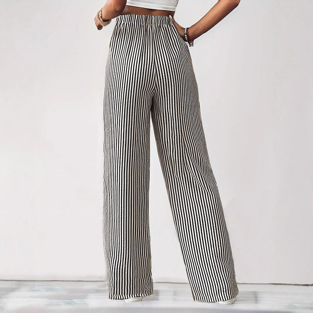 Damen Weit geschnittene Streifenhose mit elastischem Bund und Taschen Heidi-Mode