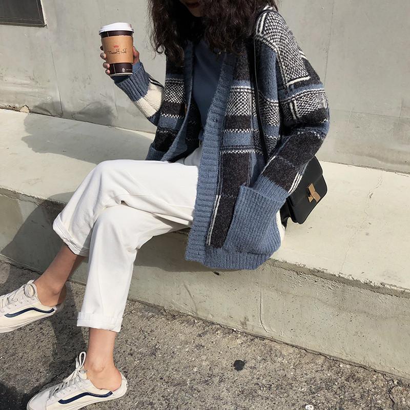 Damen Modischer Oversized Cardigan mit Karomuster Heidi-Mode