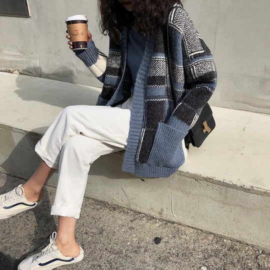 Damen Modischer Oversized Cardigan mit Karomuster Heidi-Mode