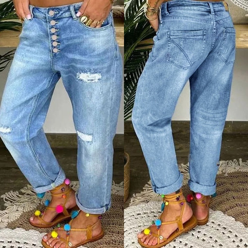 Damen Boyfriend Jeans mit Knopfverschluss und Distressed-Details Heidi-Mode