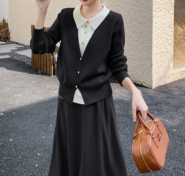 Damen Strickensemble mit eleganter Blusenoptik und weitem Rock Heidi-Mode