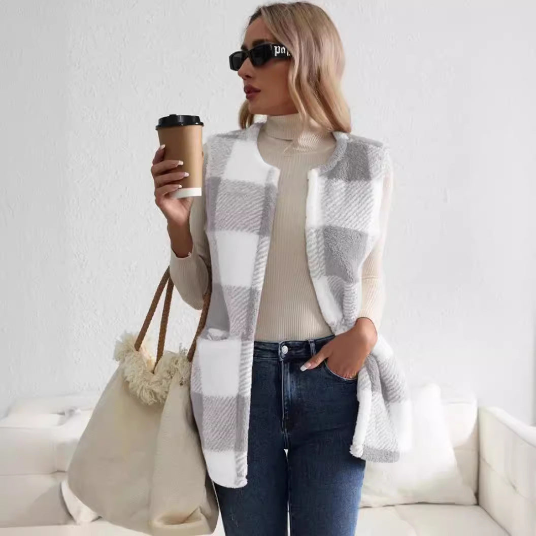 Damen Weicher Plaid-Weste mit seitlichen Taschen und gemütlichem Schnitt Heidi-Mode