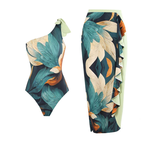 Damen Badeset mit asymmetrischem Badeanzug und elegantem Wickelrock Heidi-Mode